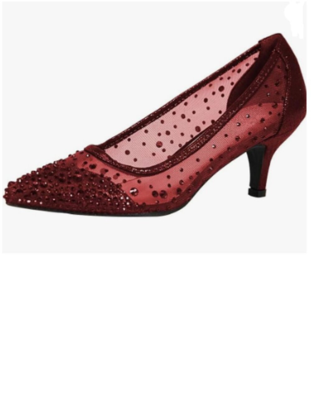 XYD Burgundy Pointed Closed Toe Slip On Graceful Mesh Pumps Rhinestone Shoes